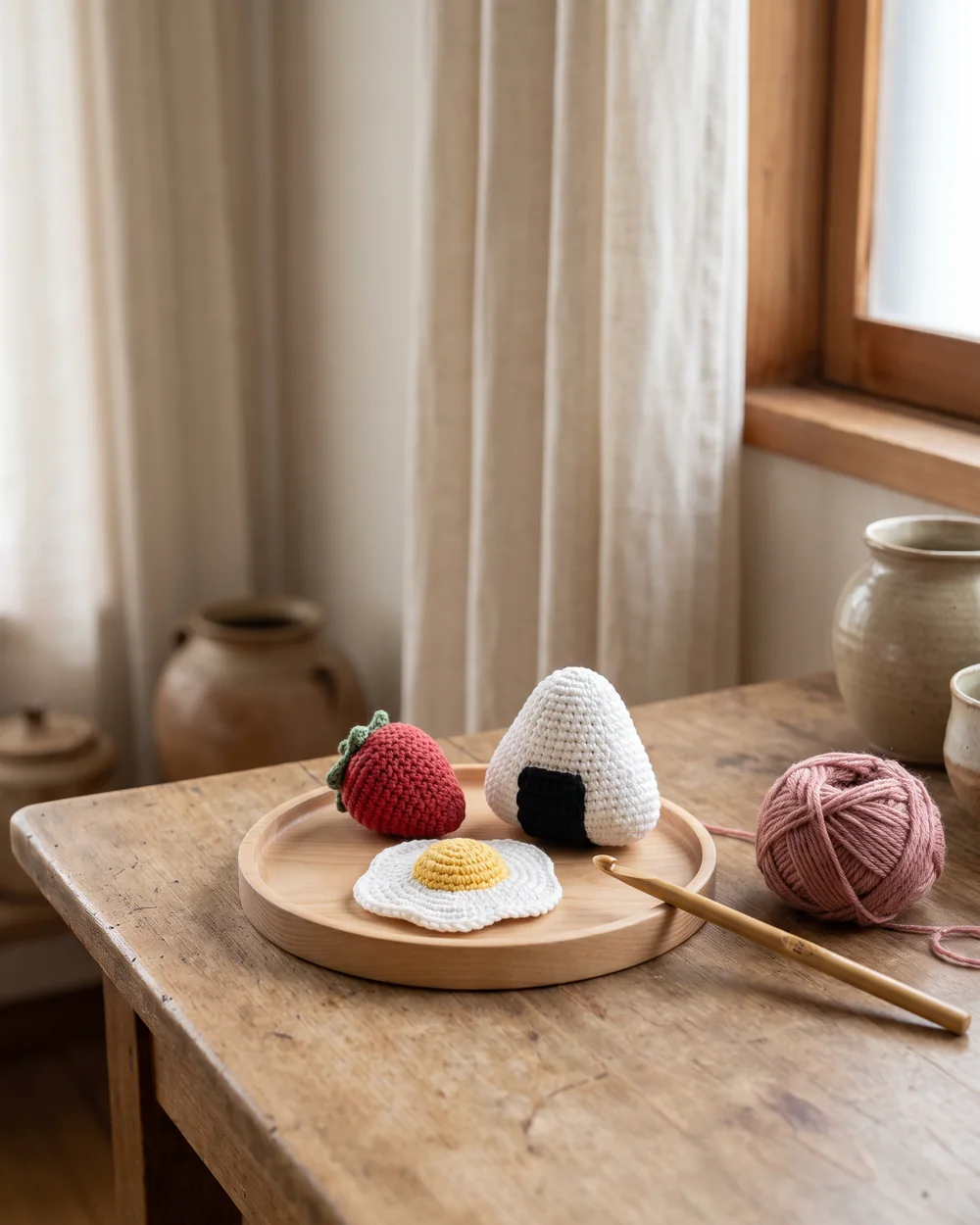 手のひらの上に並んだ、いちごとおにぎりのミニアミグルミ