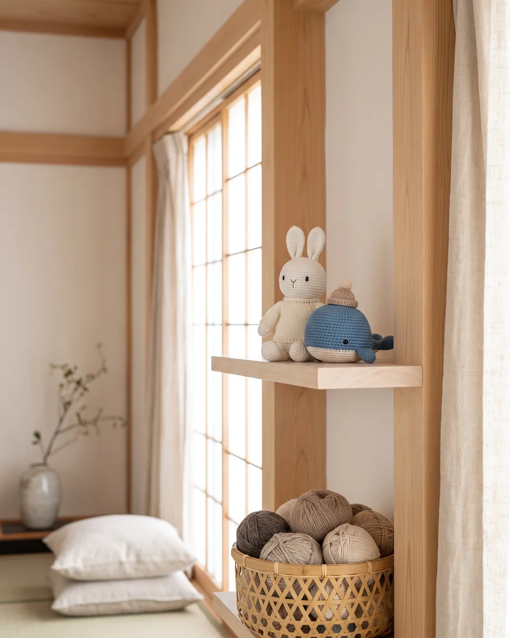 編みかけのうさぎと毛糸玉、かぎ針が並ぶテーブル