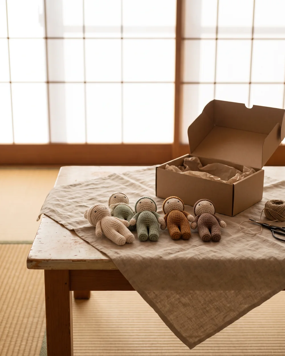 ハンドメイドイベントの売り場に並べられた、色とりどりのあみぐるみ
