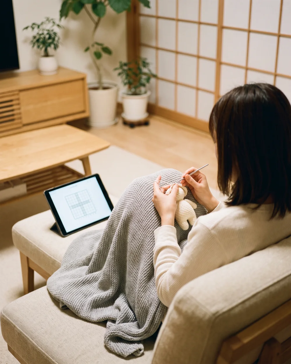 ソファでタブレットを立て、編み図を見ながら編む手元